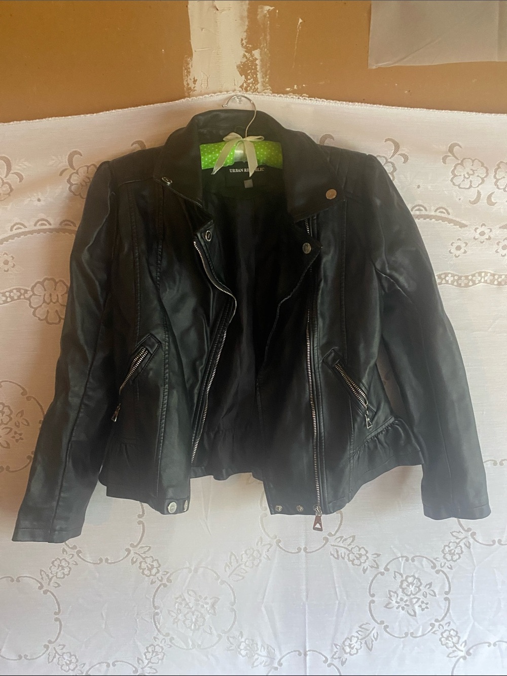 Vegan PU Black Faux Leather Moto Jacket with Ruffle 14/16 Juniors